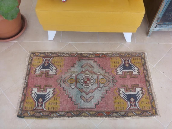 pink turkish rug , small area rug , vintage oushak rug , turkey rug , entrway rug , wool rug , ki... | Etsy (US)
