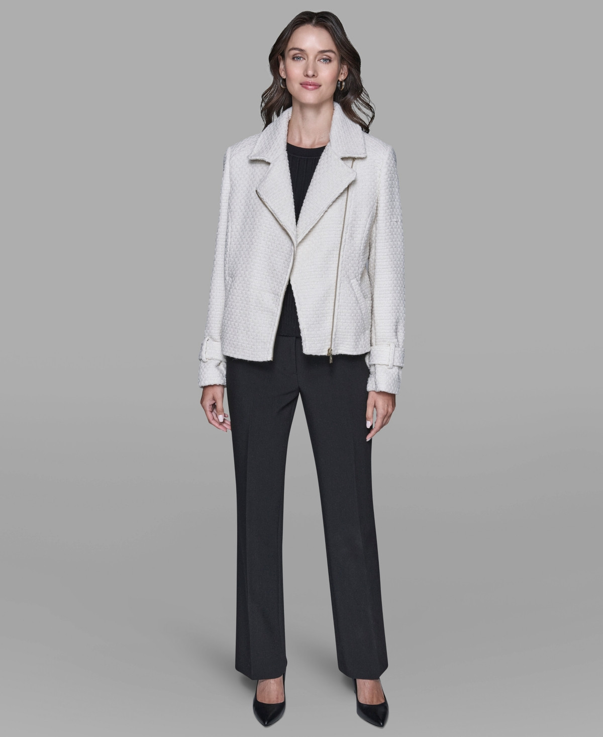 Karl Lagerfeld Paris Women's Tweed Moto Long-Sleeve Jacket - Cream | Macy's