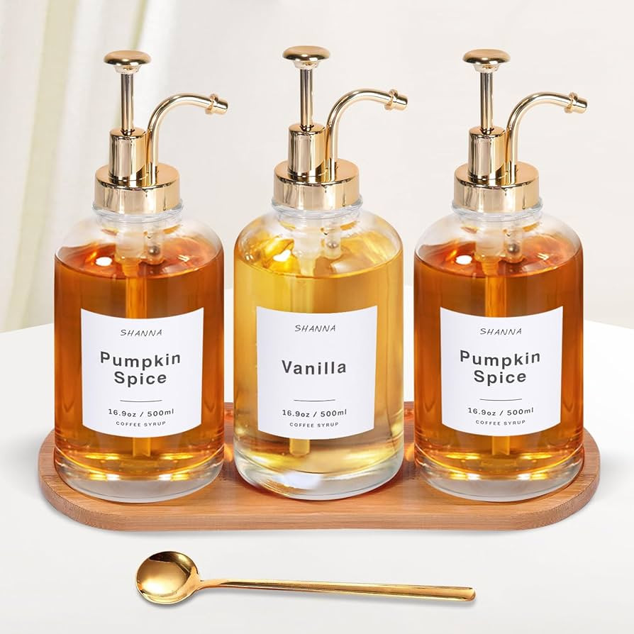 Coffee Syrup Dispenser for Coffee Bar, 16.9oz 500ml Glass Syrup Dispenser w Golden Coffee Scoop, ... | Amazon (US)