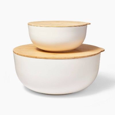 4pc (set of 2) Plastic Mixing Bowl Set with Bamboo Lids Cream - Figmint™ | Target