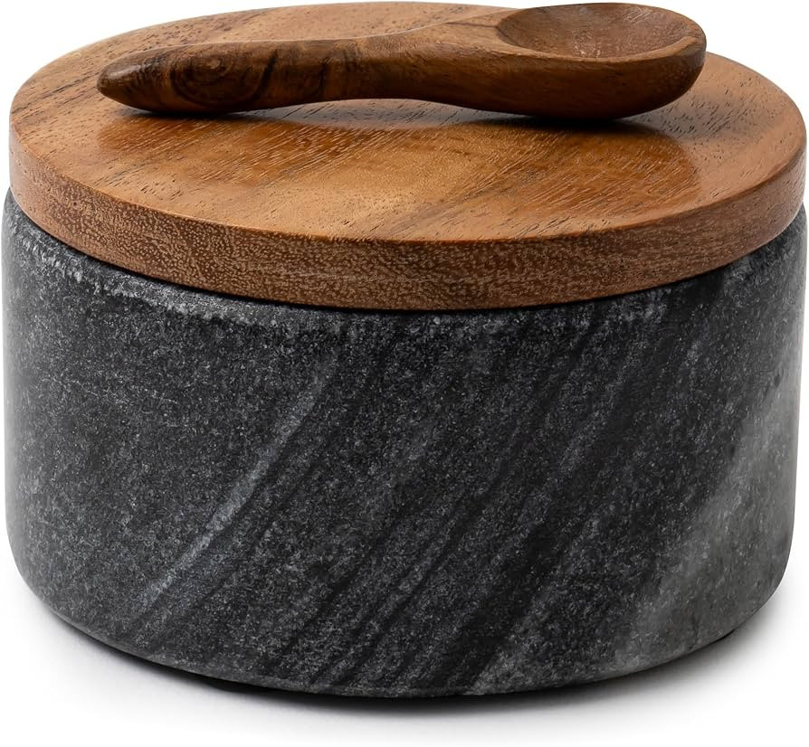 Cork & Mill Grey Marble Salt Cellar with Acacia Wood Lid and Spoon - Elegant Modern Salt Containe... | Amazon (US)