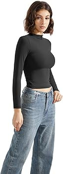 SUUKSESS Women Double Lined Mock Turtle Neck Long Sleeve T Shirt Fitted Y2k Crop Top | Amazon (US)