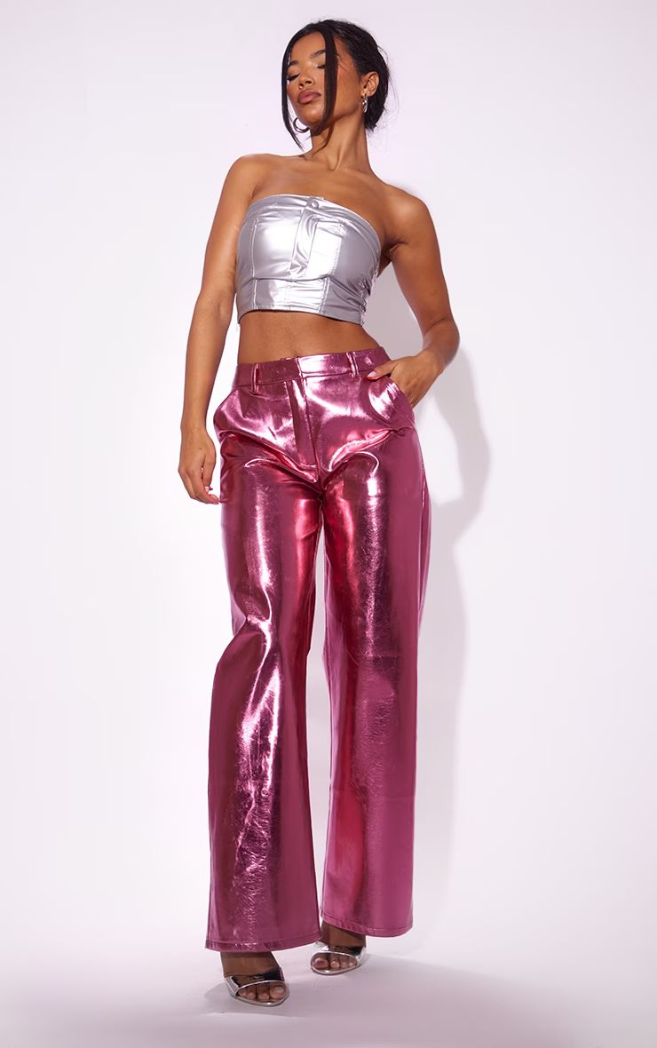 Pink Metallic Faux Leather Straight Leg Tailored Trousers | PrettyLittleThing UK