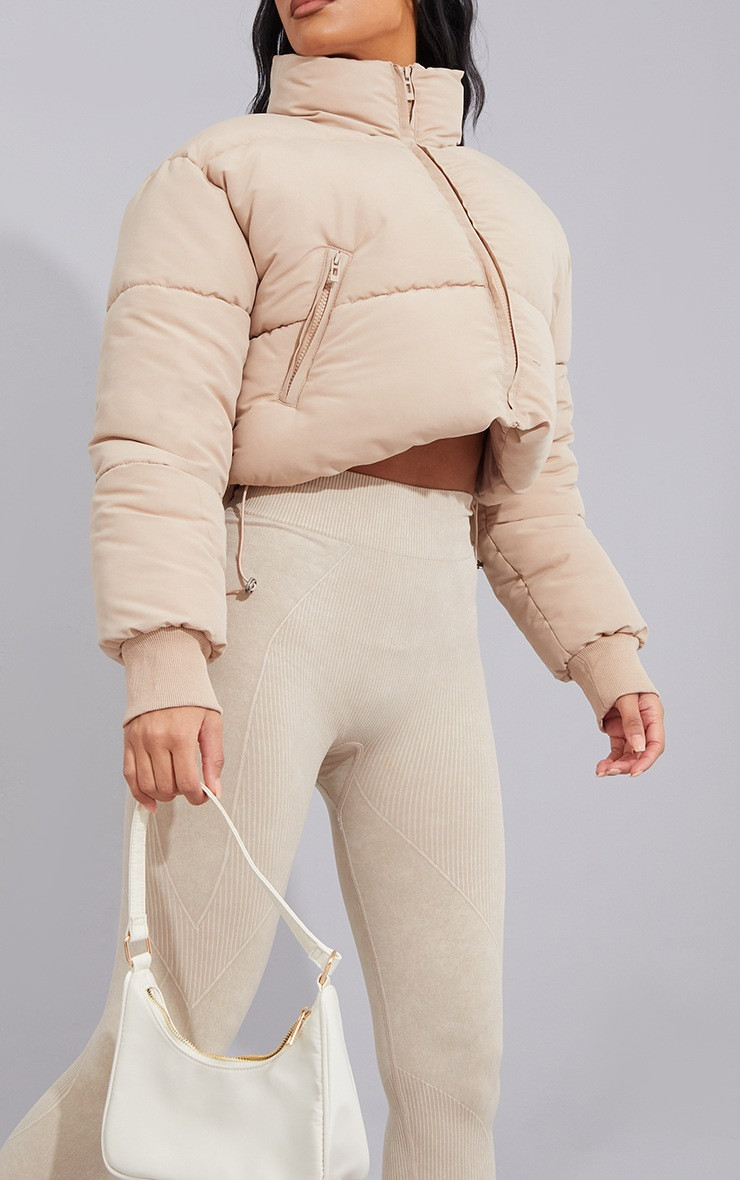 Stone Ribbed Cuff Peach Skin Cropped Puffer | PrettyLittleThing US