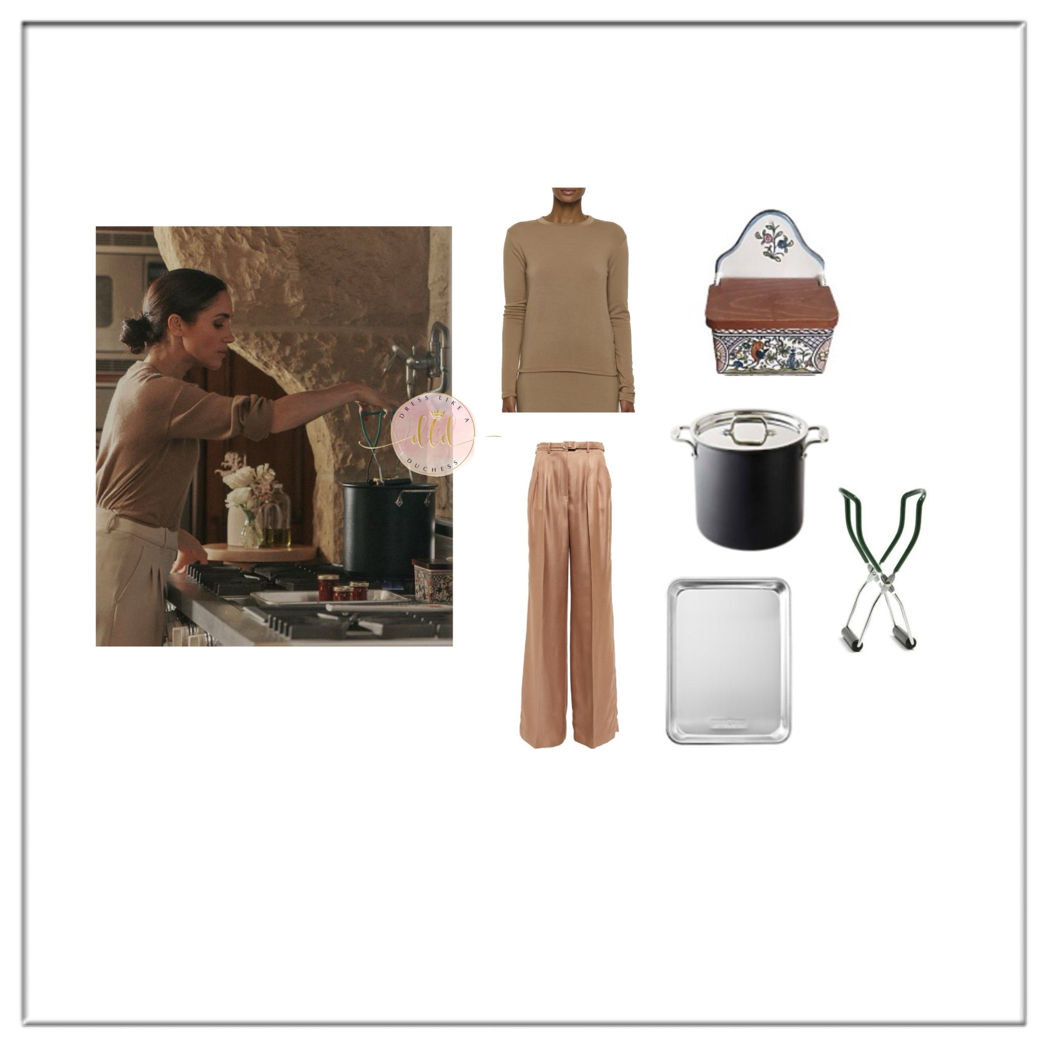 10/4/25 Meghan Markle As Ever post using All Clad Nonstick Induction pot + Nordic Ware Baker’s Quarter Sheet + Williams Sonoma Salt Box + Bleusalt Crewneck in Camel + Hearst Vargas Trousers + Stainless Steel jar lifter in green  