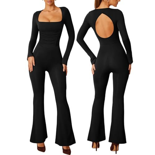 Aisbei Black Jumpsuit for Women Sexy Long Sleeve Suqare Neck Ruched Bodycon Rompers Backless Yoga Flare Jumpsuits Bodysuit-Black M | Amazon (US)