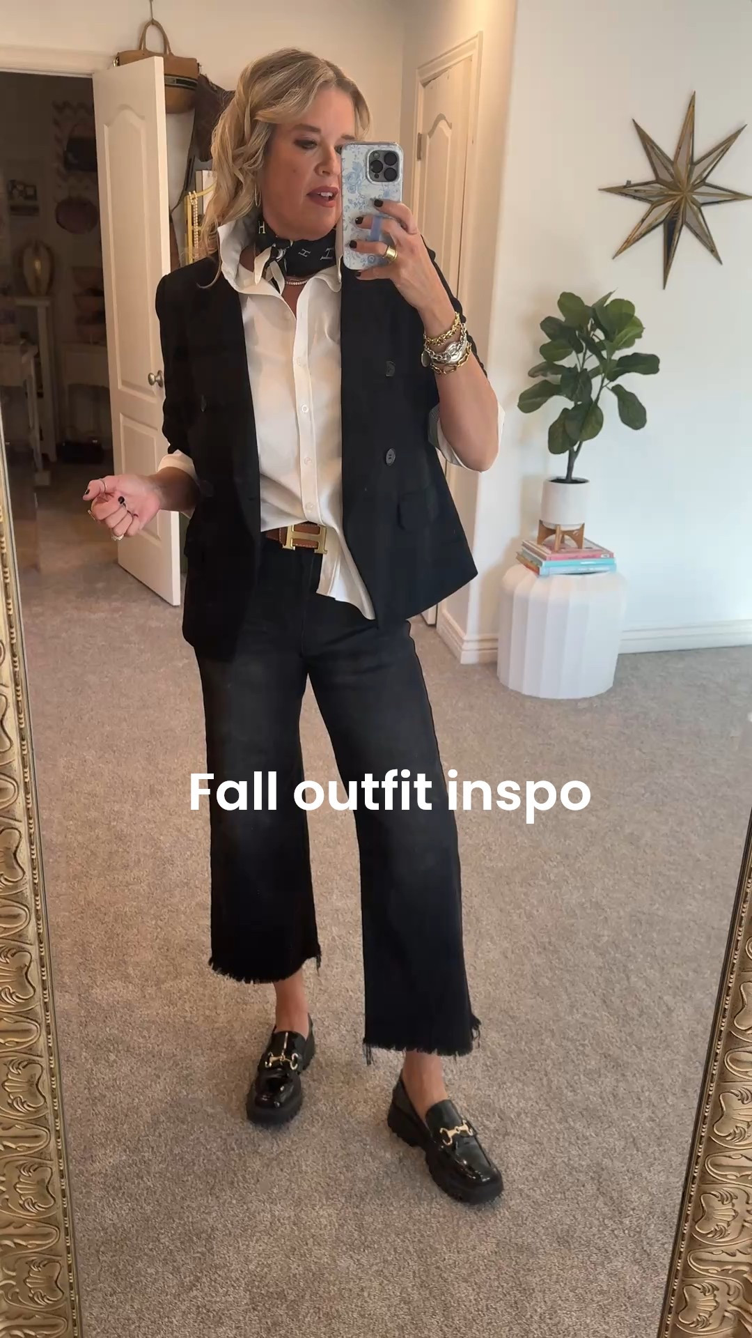Chic Fall outfit of the day.. black and white🖤🍂

-Gibsonlook blazer fits tts I am in med 🖤 black double breasted blazer , comes in several colors, fits tts
🚨save 10% off with code DARCY10

-risen wide leg crop jeans in black denim with a raw/frayed hem under $80 jeans that fit tts and are so comfy! 

White no iron  button up 3/4 sleeve shirt by Chicos
Fits tts I am in a Chicos 0

Steve Madden platform loafers 
Fit tts in black (so comfortable)

Hermes belt & scarf  (sorry can’t link) 
Linked similar that will get you the look



#LTKNYFW #LTKStyleTip #LTKOver40