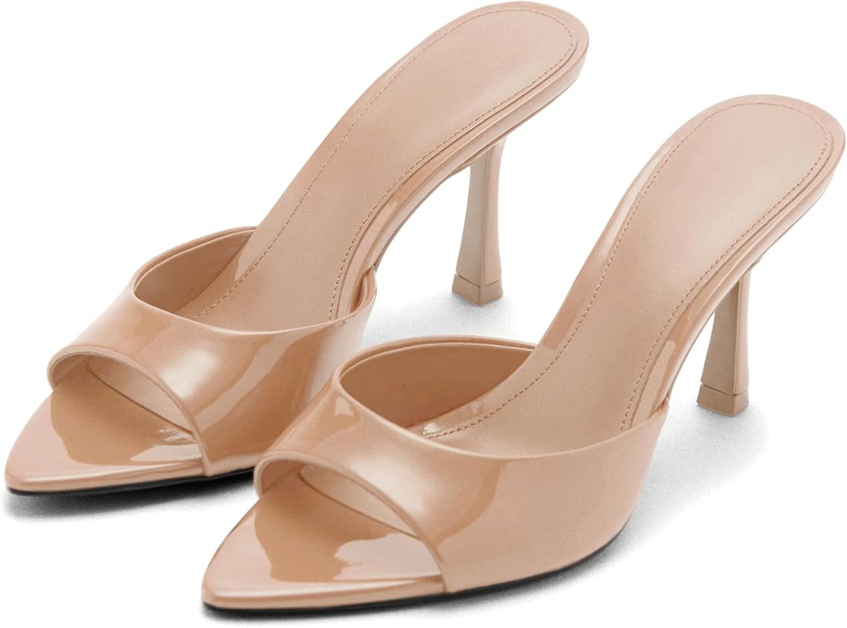 High Heel Mules for Women Slip On Open Pointed Toe Classy Patent Leather Stiletto Pumps Formal Sl... | Amazon (US)