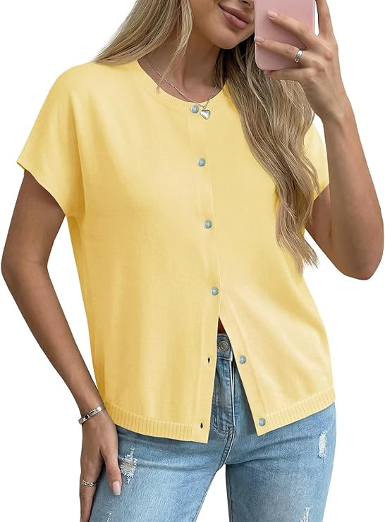 Saodimallsu Womens Oversized Cardigans Summer Short Sleeve Lightweight Knit Button Down Crew Neck... | Amazon (US)