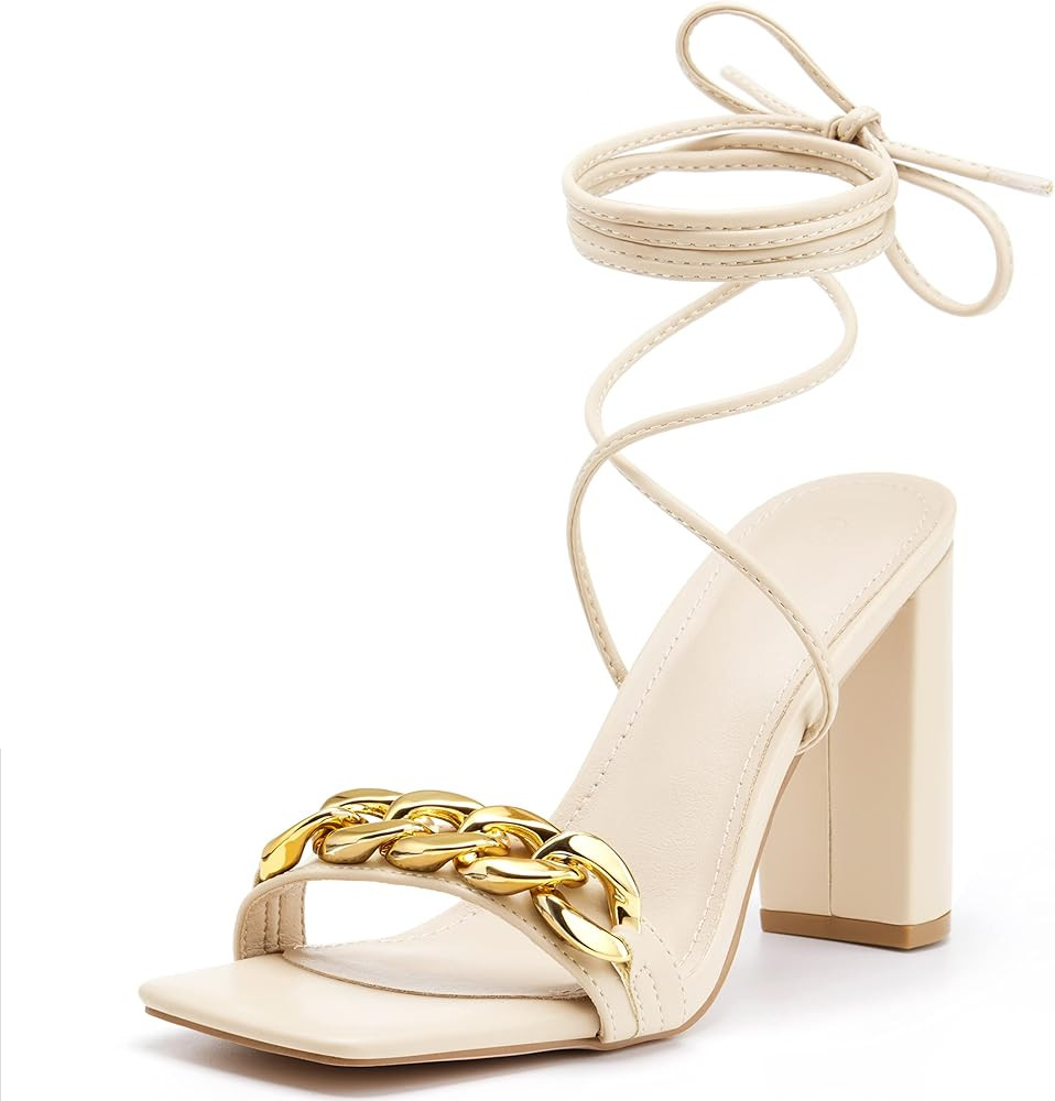 LAICIGO Womens Lace up Heeled Sandals Square Open Toe Chunky Block Heel Ankle Wrap Strap Slingbac... | Amazon (US)