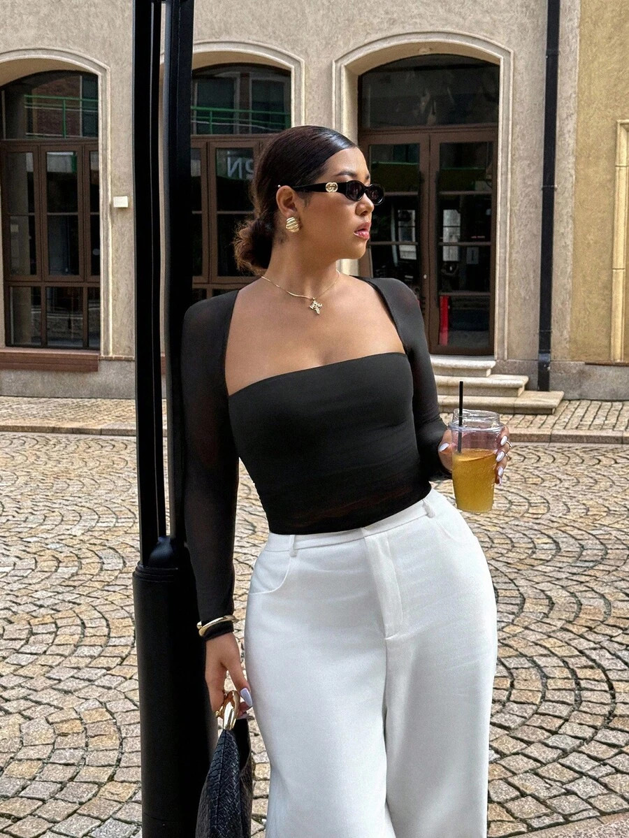 Dripcurv Plus Size Women's Black Mesh Padded Bust Fitted T-Shirt | SHEIN