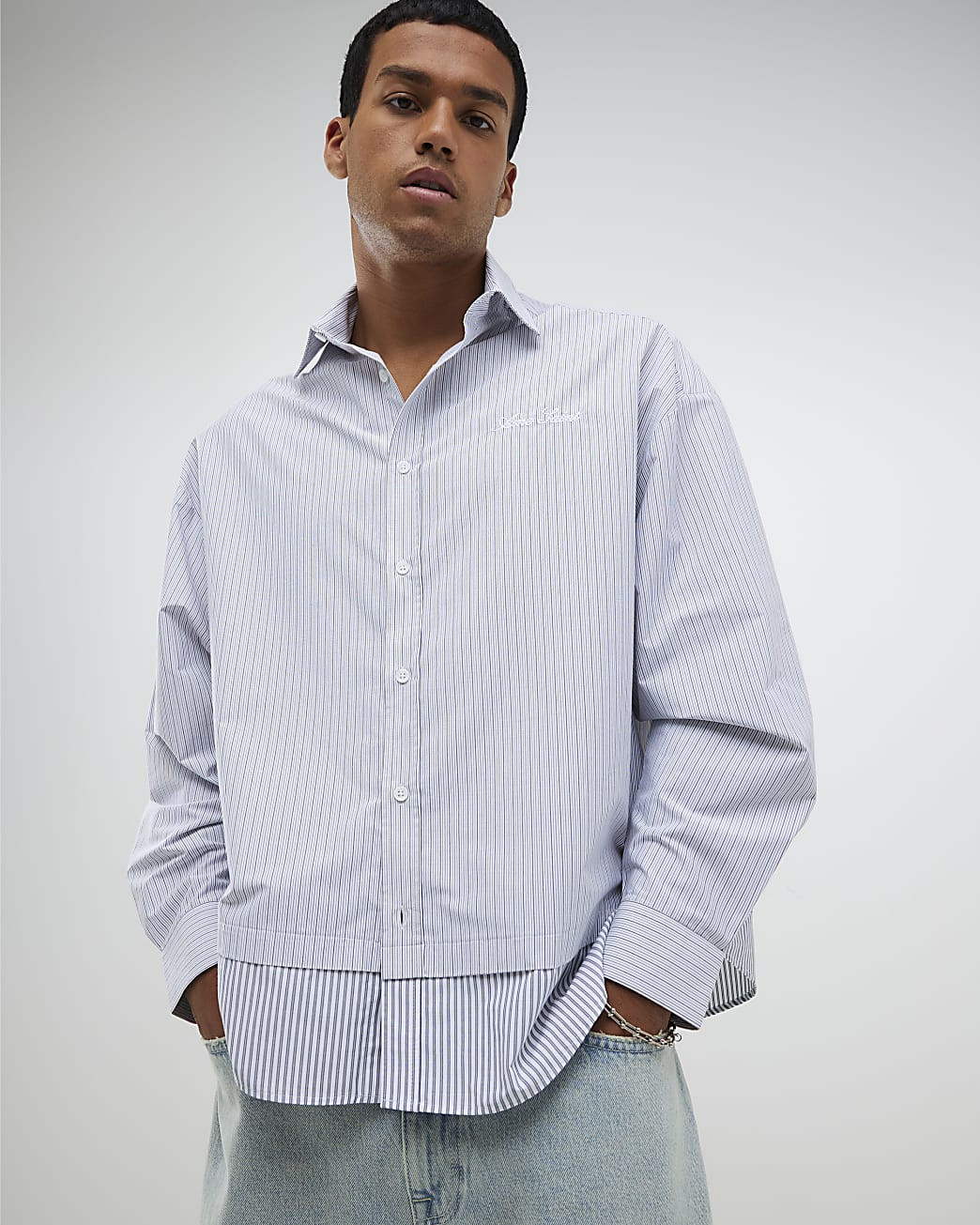Grey Regular Fit Double Layer Stripe Shirt | River Island UK & IE