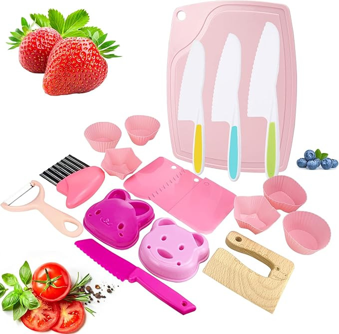 19 PCS Wooden Kids Kitchen Safe Knife Set with Wood Kids Knife, Plastic Potato Slicers, Serrated ... | Amazon (US)