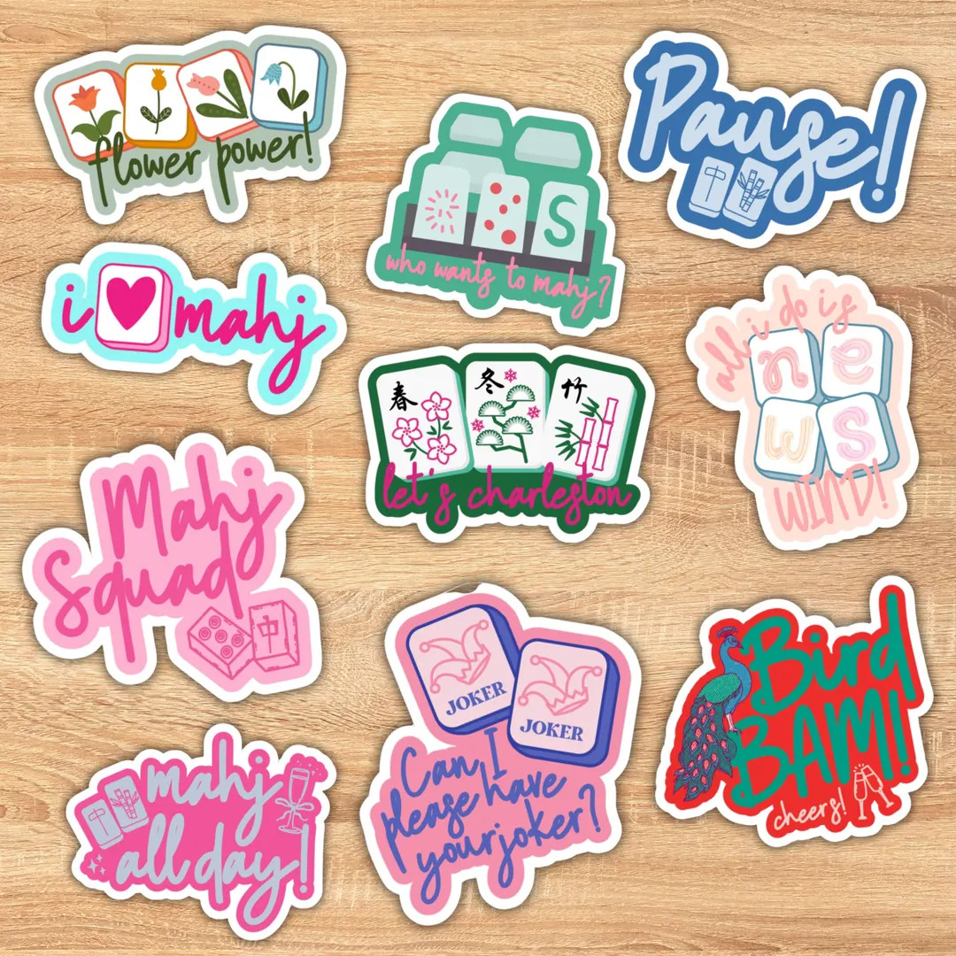 Mahjong Sticker, "mahj All Day", "bird Bam Cheers", "flower Power", "pause", "all I Do is Wind", ... | Etsy (US)