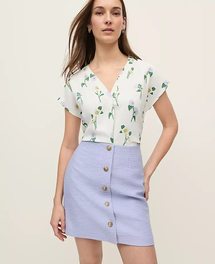 Floral Mixed Media Pleat Front Top | Ann Taylor