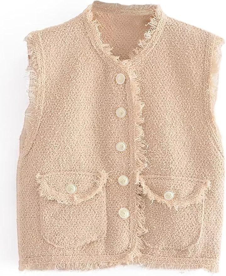 Women's Vest Lightweight Sleeveless V-neck Tweed Solid Blazers Textured Frayed Hem Button Front J... | Amazon (US)