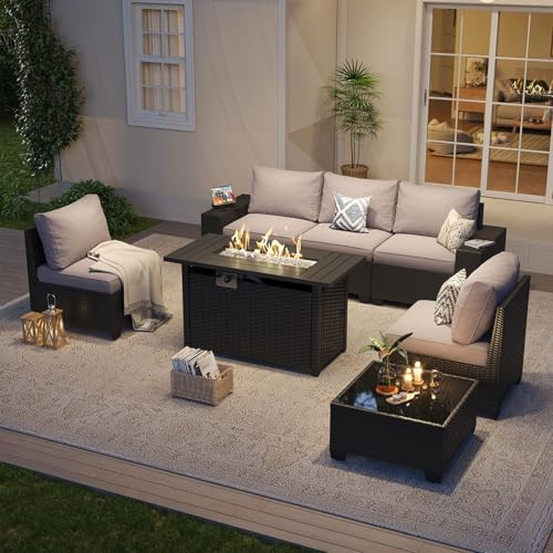 Aoxun Outdoor Patio Furniture Set with 44'' Fire Pit Table, 7 Pcs Outdoor Patio Furniture Sets with 4in Thicken Cushion, Widen Armrests Wicker Outdoor Sectional for Backyard (Gas Converter Include) | Amazon (US)