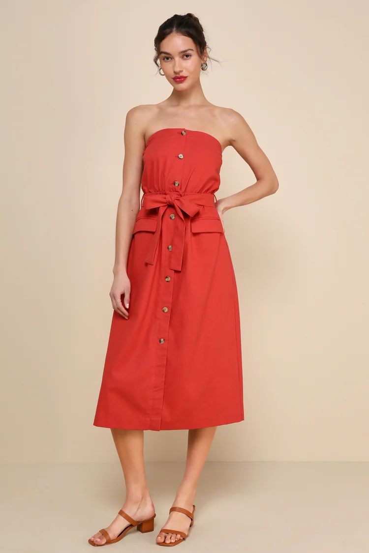 Sardinia Sun Rust Red Linen Strapless Midi Dress With Pockets | Lulus