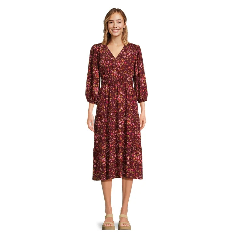 Time and Tru Women’s 3/4 Sleeve Midi Dress, Sizes XS-XXXL - Walmart.com | Walmart (US)