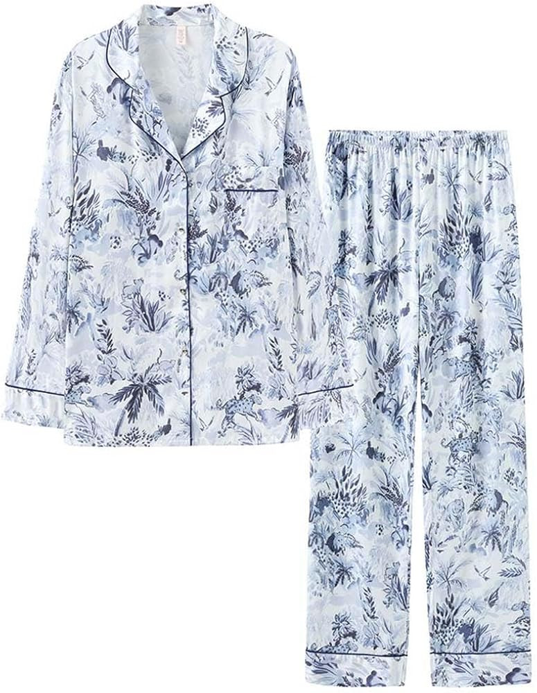 Silk Pajamas For Women 2 Piece Button Down Long Sleeve Sleepwear Soft Satin PJ Set Loungewear | Amazon (US)