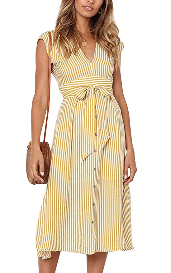 ECOWISH Womens Striped Button Down Bohemian Spaghetti Floral Dress Tie Waist Sleeveless Swing Mid... | Amazon (US)