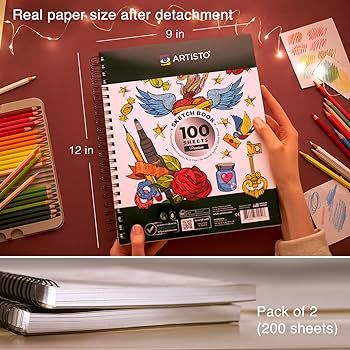 Artisto 9x12" Premium Sketch Book Set, Spiral Bound, Pack of 2, 200 Sheets (100g/m2), Acid-Free D... | Amazon (US)