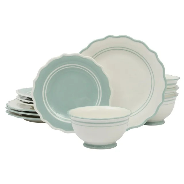 The Pioneer Woman Ainsley 12-Piece Ceramic Dinnerware Set, Sage Blue | Walmart (US)