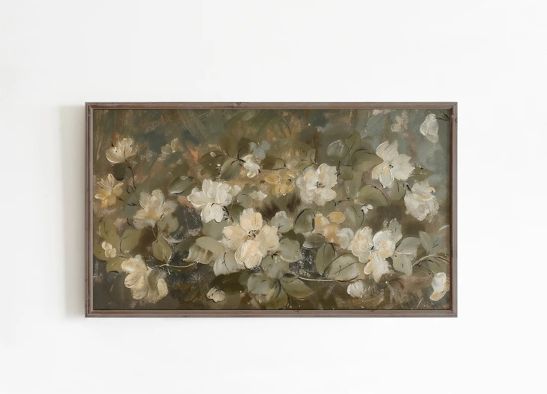 Frame TV Art Neutral Vintage Floral Oil Painting, Muted White Flowers, Moody Spring - Etsy | Etsy (US)