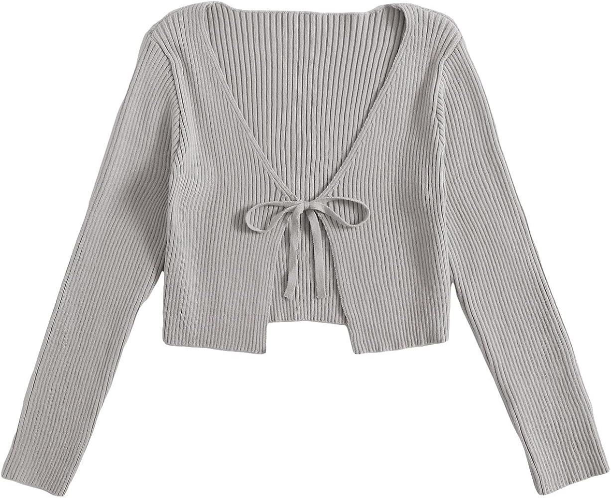 Floerns Women's Tie Front Long Sleeve Rib Knit Shrug Sweaters Cardigan Crop Top | Amazon (US)