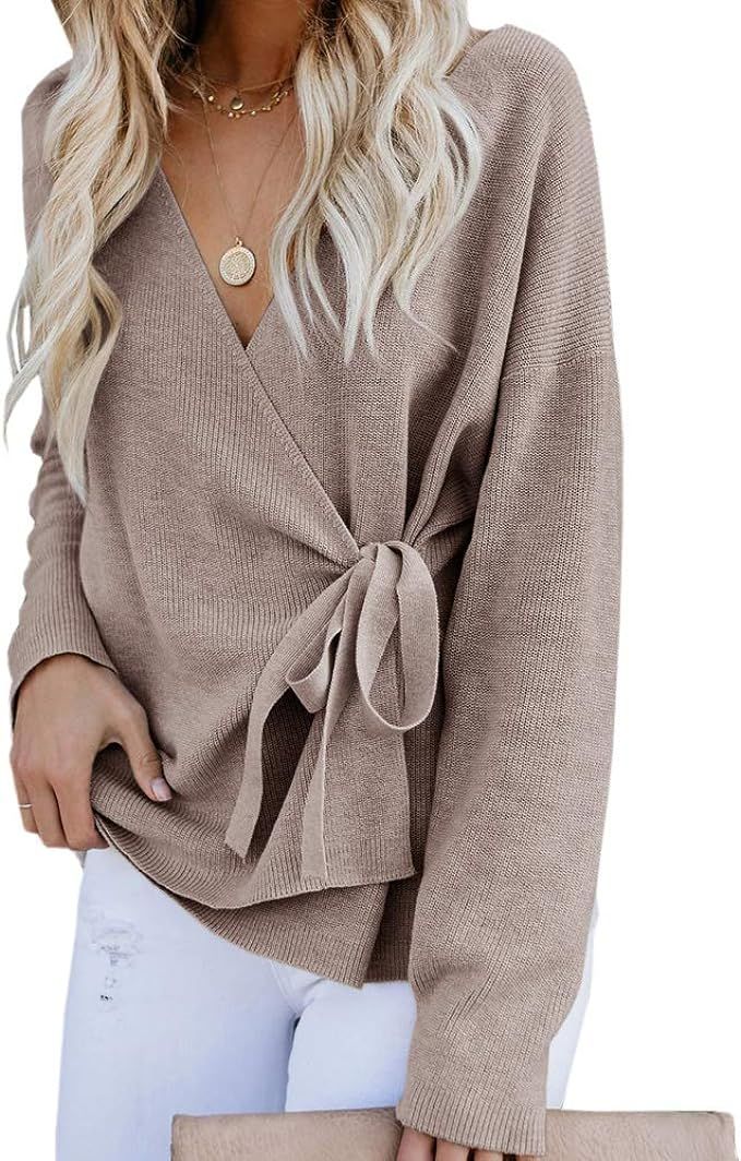 Womens V Neck Wrap Long Sleeve Sweaters Tie Waist Knit Fall Loose Solid Casual Pullover Tops | Amazon (US)