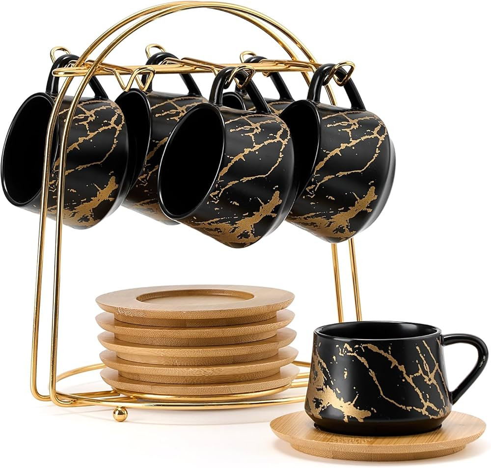 LUKA Ceramic Espresso Cups with Saucers and Metal Stand, Small 4 oz Porcelain Demitasse Cups Set ... | Amazon (US)