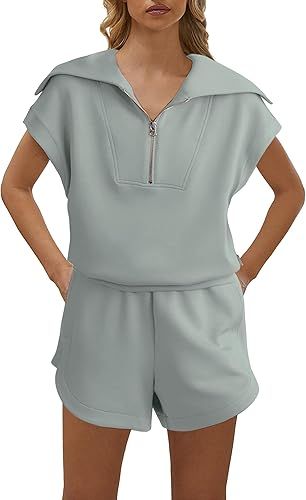 SAFRISIOR Women Casual Two Pieces Outfits Half Zip Lapel Collar Short Sleeve Sweatshirt high Wais... | Amazon (US)