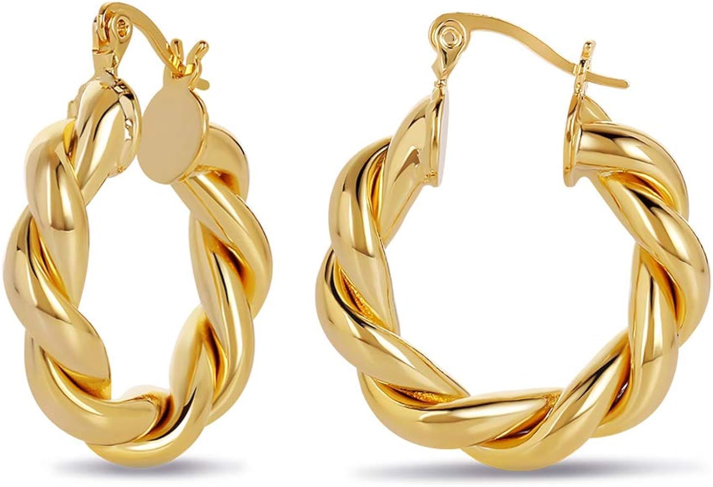 Twisted Chunky Hoop Earrings 14K Gold Plated Dainty Lightweight Hypoallergenic Open Hoops Earrings f | Amazon (US)