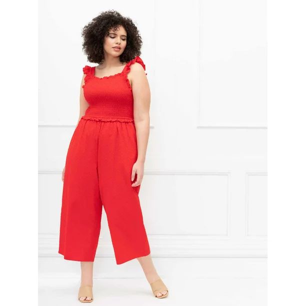 ELOQUII Elements Women's Plus Size Smocked Cropped Jumpsuit | Walmart (US)