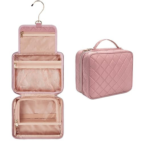 CUBETASTIC Travel Toiletry Bag, Makeup Bag for Women, Small Hanging Travel Bag for Toiletries with 3 Compartment, Portable Cosmetic Organizer Case, Water-resistant, Pink | Amazon (US)