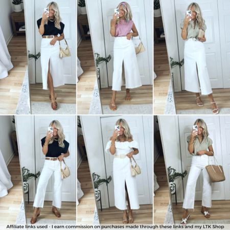 Summer outfit ideas styling a white denim skirt and white jeans!