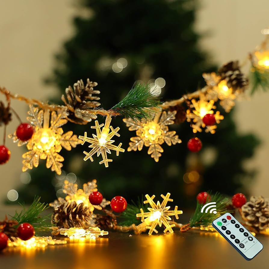 30 Led 10ft Christmas Garland Snowflake Lights, Pine Cones Red Berry Battery Operated Fairy Strin... | Amazon (US)