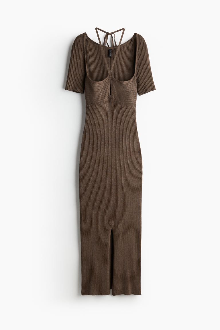 Rib-Knit Tie-Detail Dress - Halterneck - Short sleeve - Dark brown melange - Ladies | H&M US | H&M (US + CA)