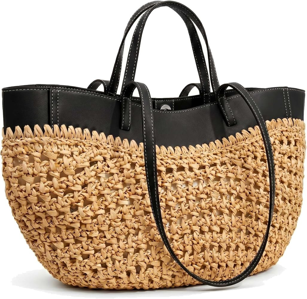 Straw Beach Bags for Women, Boho Summer Purse Tote with PU Shoulder Strap | Amazon (US)