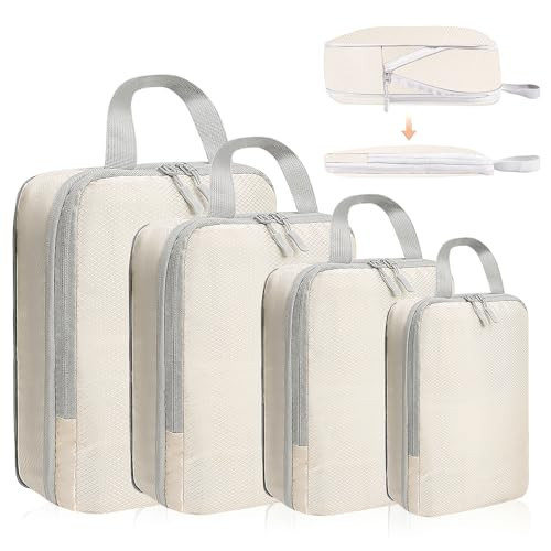 4 Set Compression Packing Cubes for Suitcase - Space-Saving Luggage Organizer Bags, Lightweight Travel Essentials for Efficient Packing (Beige) | Amazon (US)