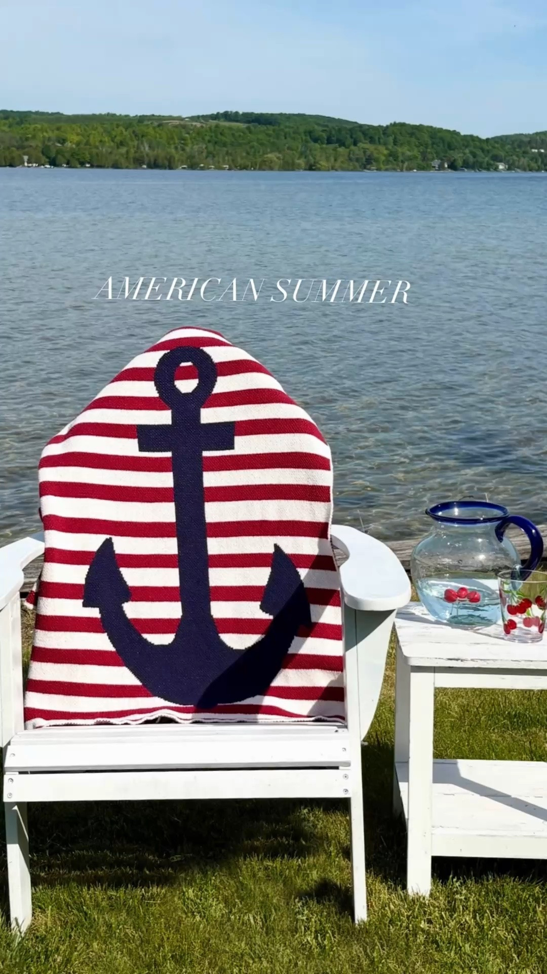 Red white and blue done right! Get ready for July 4th but have it stay all summer! 
#blanket #glasses #flags #cherries #pillows #napkins #tablecloth