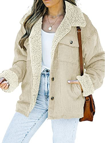 Dokotoo 2025 Fashion Winter Clothing for Women Trucker Shacket Jacket for Women Thick Sherpa Lined Fleece Fur Collar Button Down Long sleeve Outwear Fall Warm Coat with Pocket Apricot 2XL | Amazon (US)