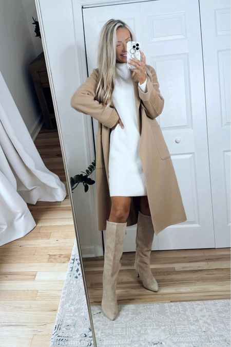 White sweater dress and knee high boots 

#LTKstyletip