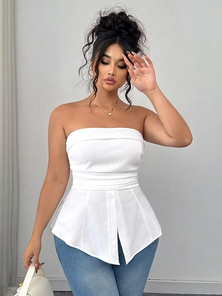 Elenzga Plus Size Women Strapless Textured Knitted Tube Peplum Top, Back Drawstring Design, Fashionable Casual Sexy Blouse, Suitable For Spring Summer Wear | SHEIN