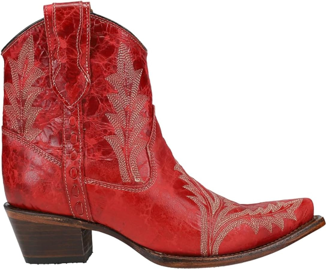 Corral Boots Womens Embroidered Snip Toe Casual Boots Ankle Low Heel 1-2" - Red | Amazon (US)
