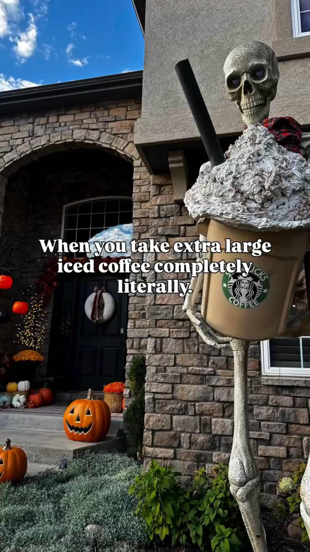 Making a 20-gallon Frappuccino because Shelly the Skelly has high-maintenance taste. ☕️

Drop everything and go make your lawn decor a 20-gallon DIY Iced Pumpkin Spice Latte / Frappuccino before October hits!
Here’s what you need to make it:
5-gallon bucket (or plastic trash bin) for the cup base
White trash bag or pool noodle base for the “whipped cream”
Expansion foam (Stuff Spray) for that fluffy whipped topping look
Tan/Brown spray paint + brown acrylic paint for the caramel drizzle
Pool noodle or PVC pipe + green spray paint for the mega straw
Printed oversize Starbucks logo (I had mine printed on adhesive paper at Walgreens.) 
Clear sealer
Comment “SKELETON” and I’ll send you the link to everything! 🔗

Follow @snoe.aschman for more Halloween decor ideas! 🎃
#HalloweenDIY #SkeletonProp #StarbucksDIY #HalloweenDecor FallDIY GiantSkeleton HalloweenCrafts ViralDIY

#LTKHome