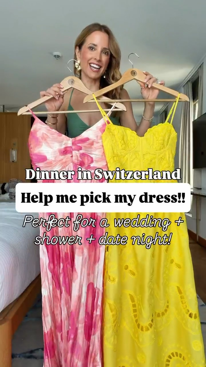 My Switzerland dinner outfit - which one should I wear? Cocktail dresses. Wedding guest dresses. Summer wedding guest. Fall wedding guest. Baby shower dress. Dinner dresses. Date night dresses. Party dresses. 
*XXS in yellow and XS in pink - yellow bust runs small so consider sizing up. You can adjust the straps on both.

#LTKgrwm #LTKWedding #LTKTravel