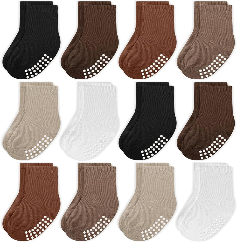 JAKIDAR 12 Pack Baby Toddler Socks Non Slip Grip Cotton Crew Socks for Boys Girls Infants Kids | Amazon (US)