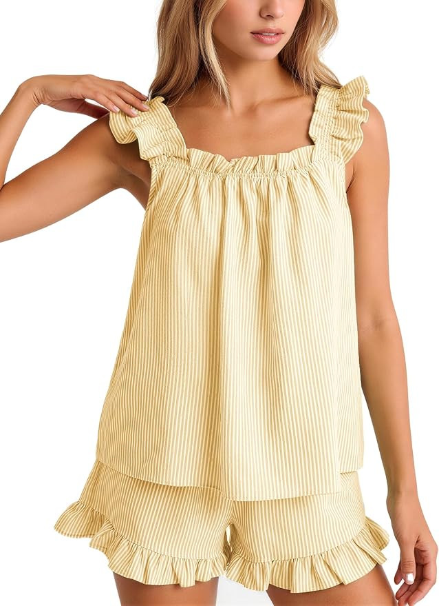 Flygo Striped Pajamas Set for Women Cotton 2 Piece Lounge Sets Ruffle Cami Top and Shorts Cute Su... | Amazon (US)