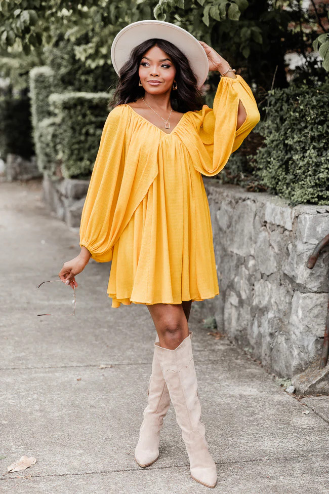 As Free As The Wind Yellow V Neck Bubble Sleeve Mini Dress FINAL SALE | Pink Lily